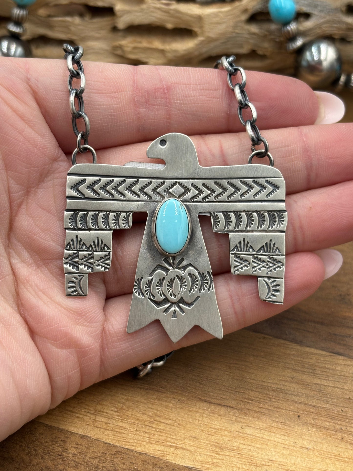 Golden Hills Turquoise Thunderbird Necklace by Rick Enriquez, Navajo