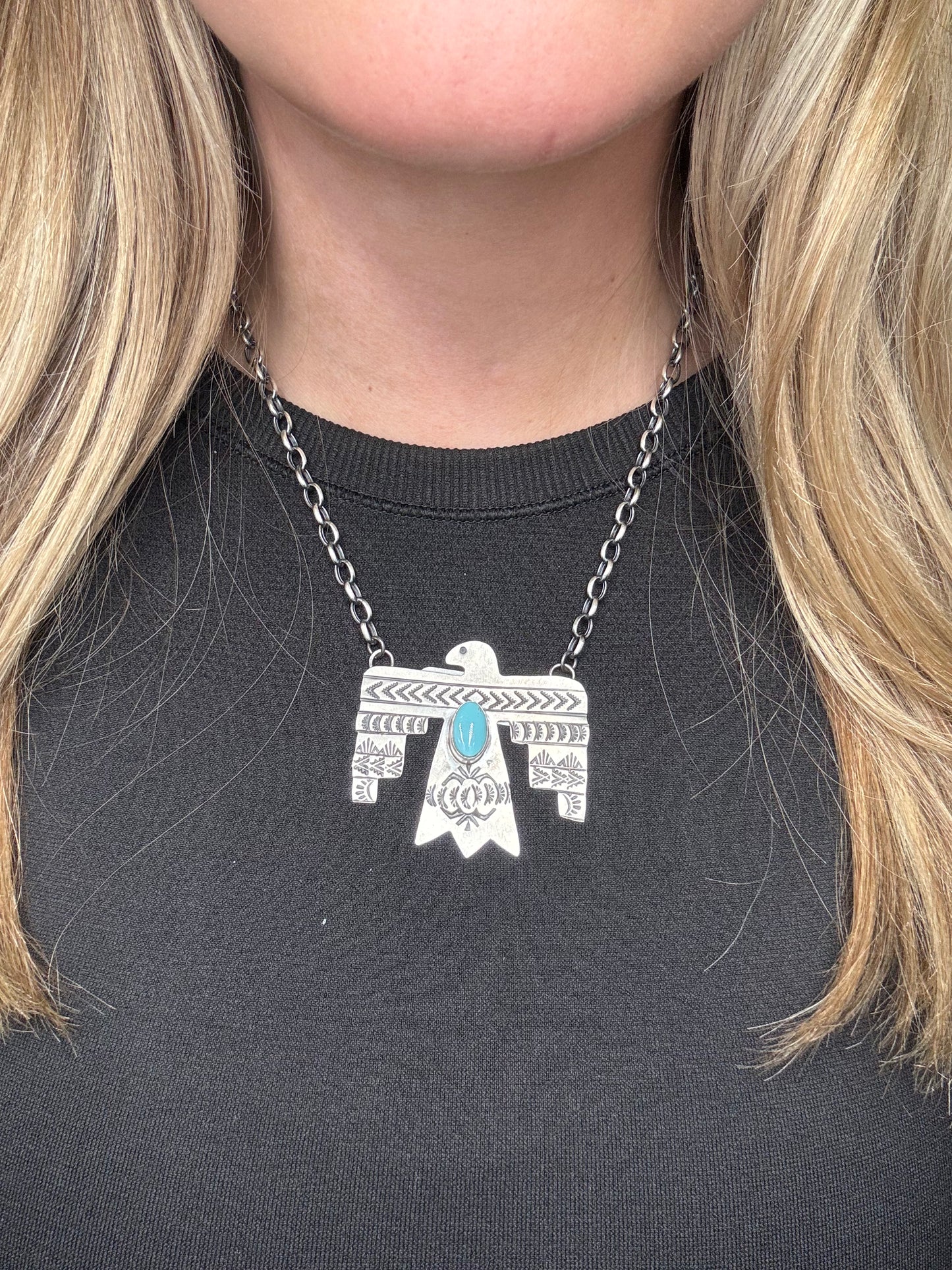 Golden Hills Turquoise Thunderbird Necklace by Rick Enriquez, Navajo