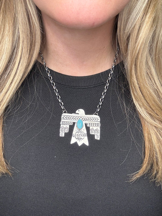 Golden Hills Turquoise Thunderbird Necklace by Rick Enriquez, Navajo