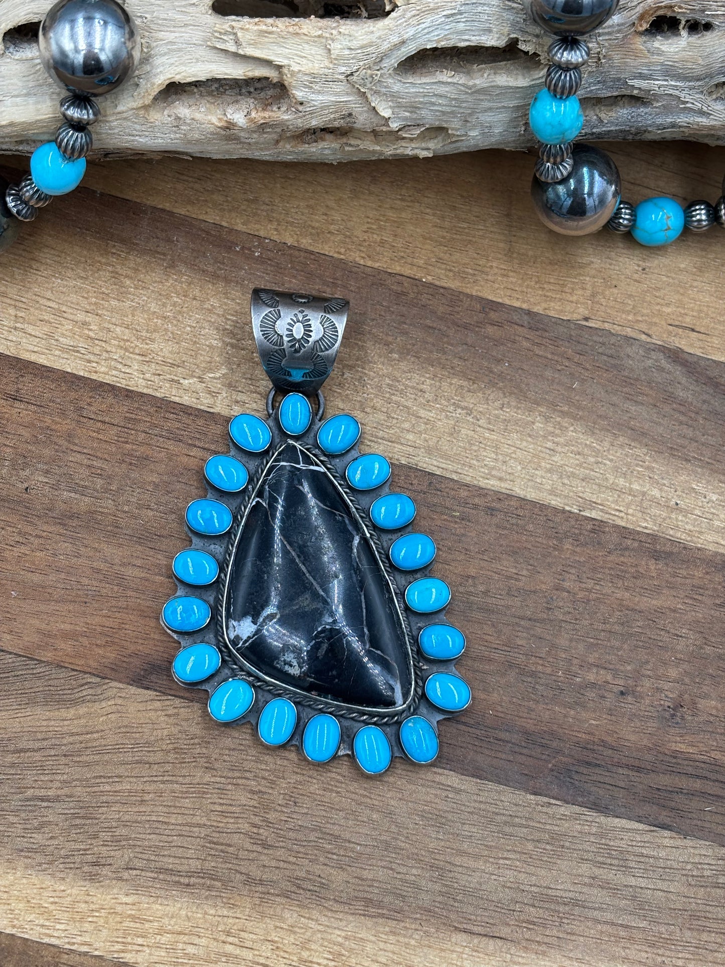 White Buffalo and Turquoise Pendant by Ned Nez, Navajo