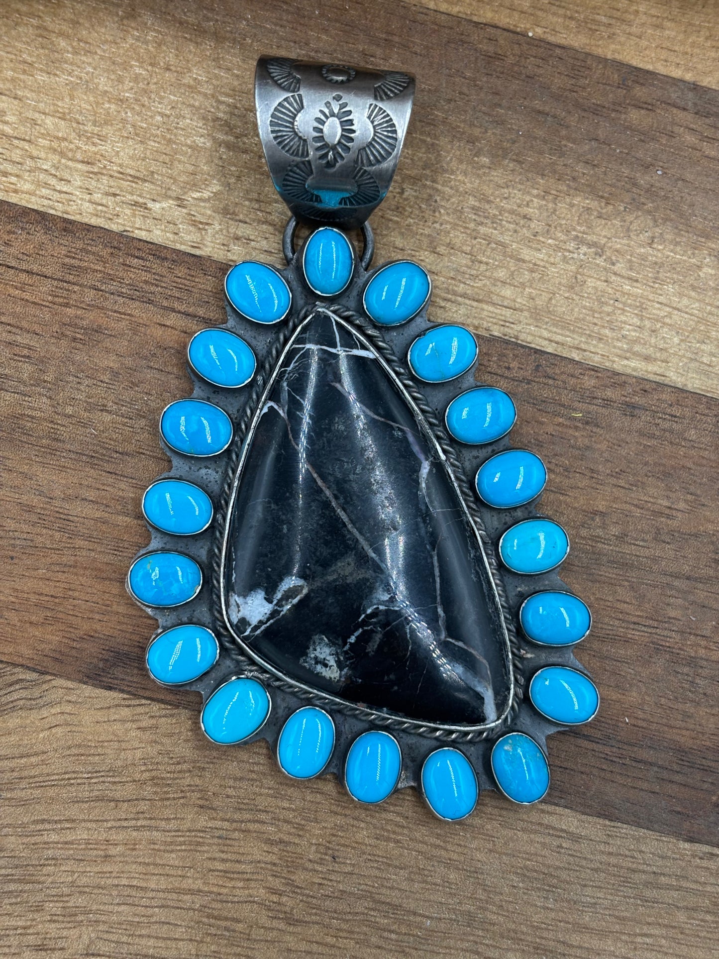 White Buffalo and Turquoise Pendant by Ned Nez, Navajo