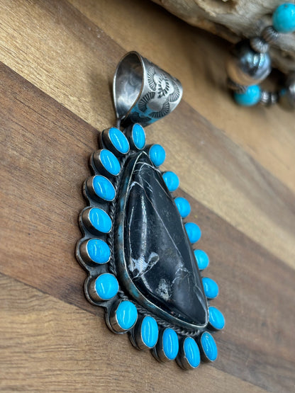 White Buffalo and Turquoise Pendant by Ned Nez, Navajo
