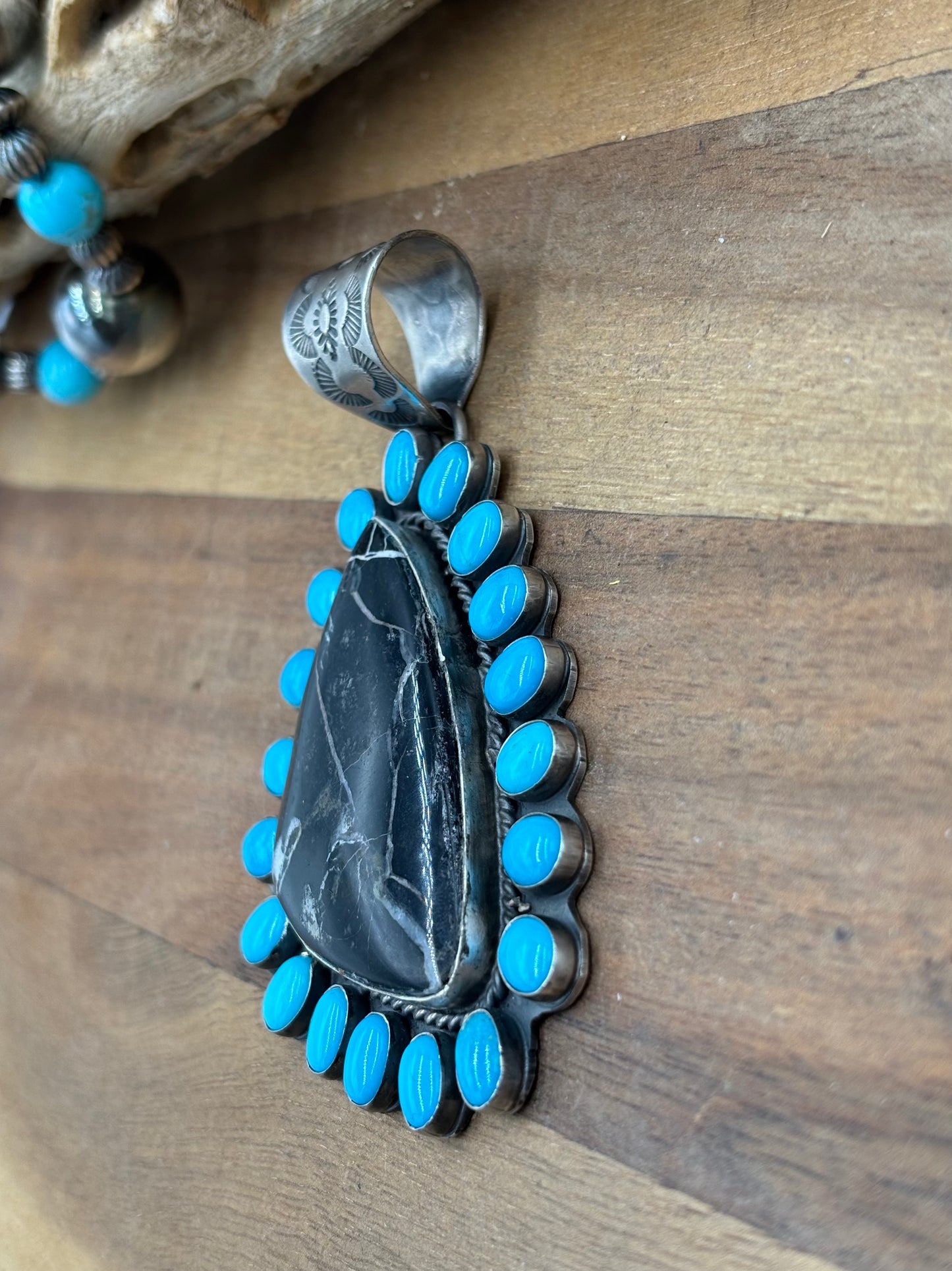 White Buffalo and Turquoise Pendant by Ned Nez, Navajo