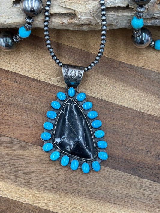 White Buffalo and Turquoise Pendant by Ned Nez, Navajo