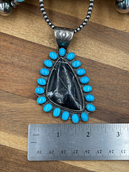 White Buffalo and Turquoise Pendant by Ned Nez, Navajo