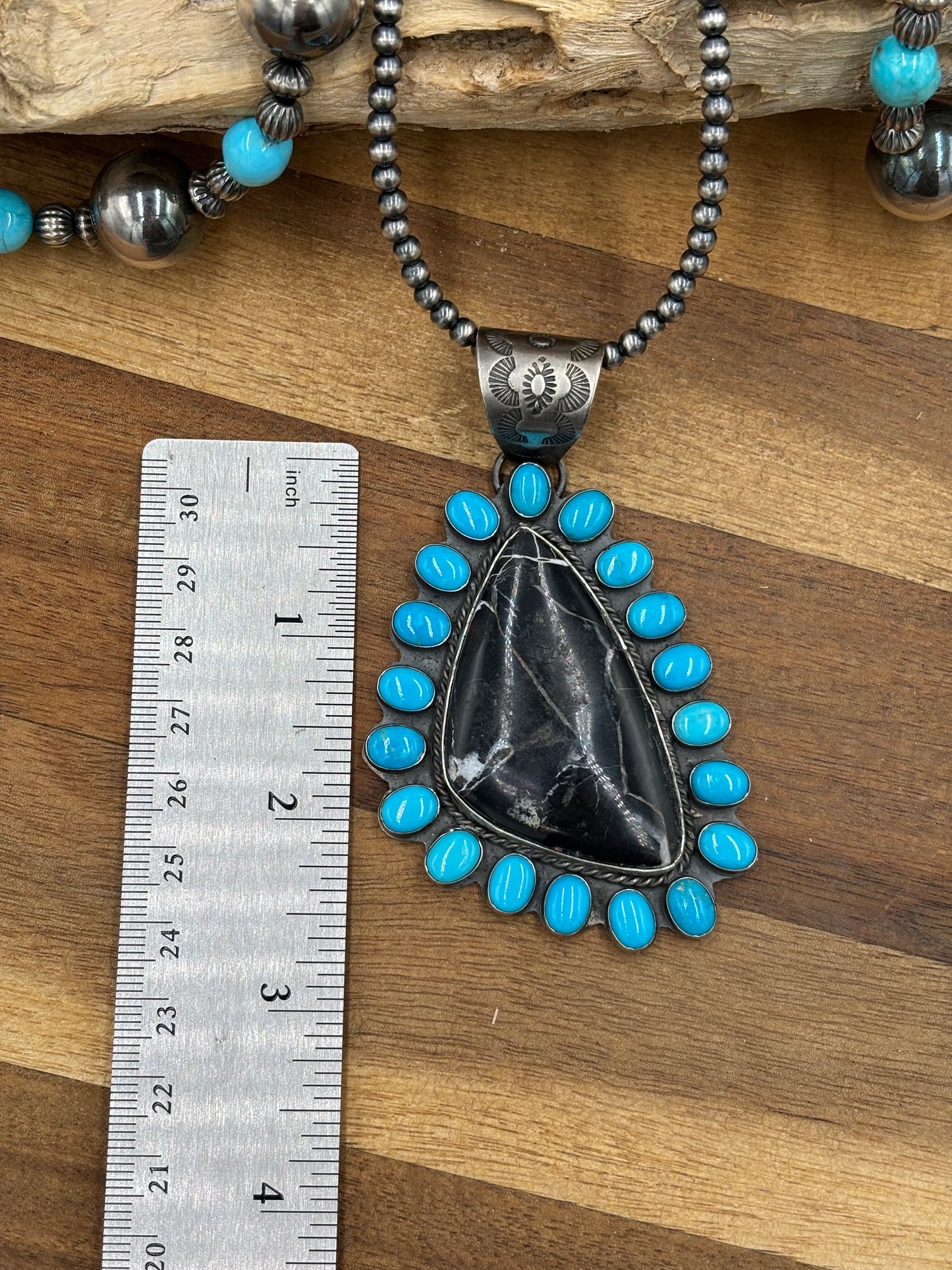 White Buffalo and Turquoise Pendant by Ned Nez, Navajo
