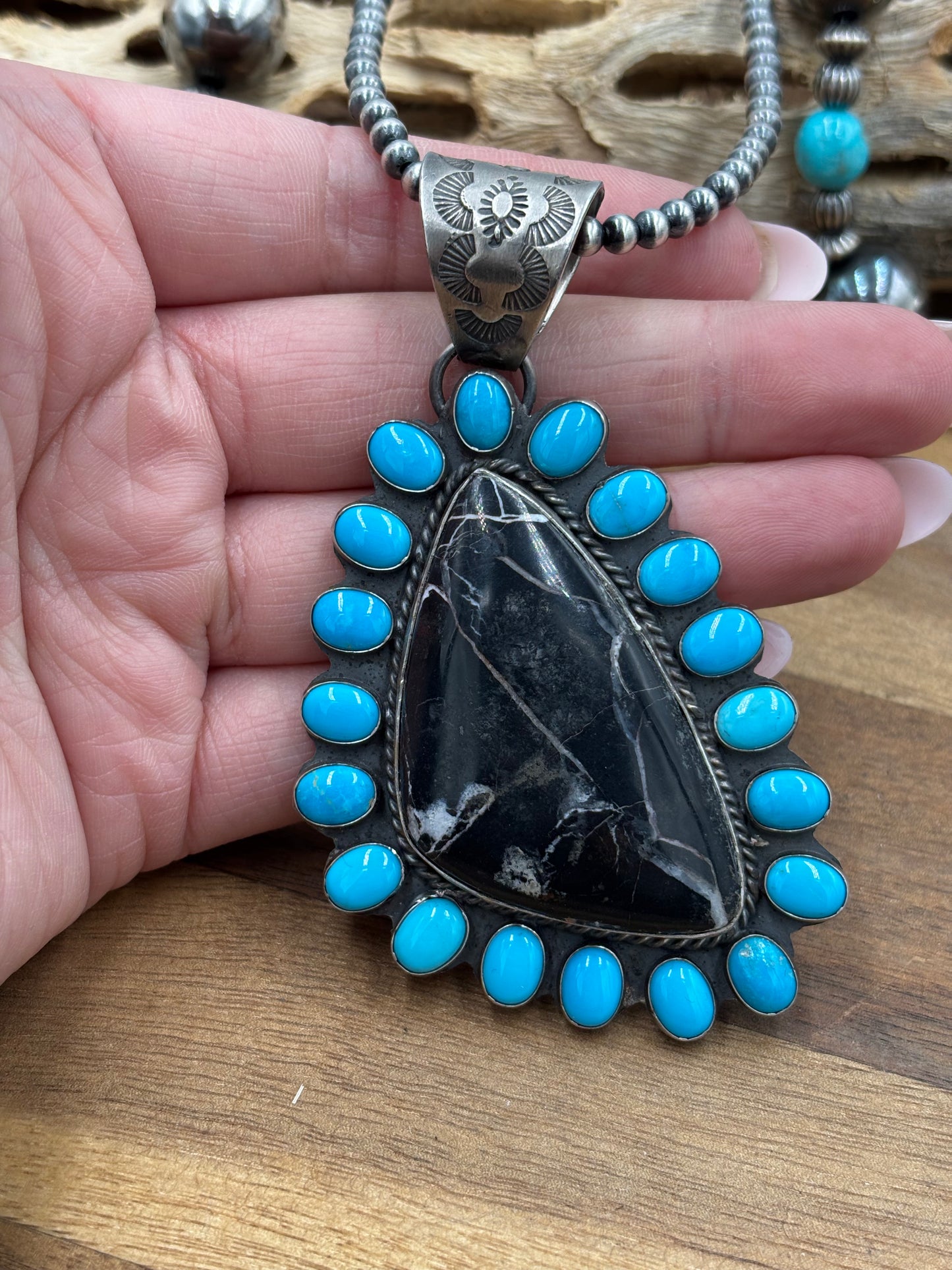 White Buffalo and Turquoise Pendant by Ned Nez, Navajo