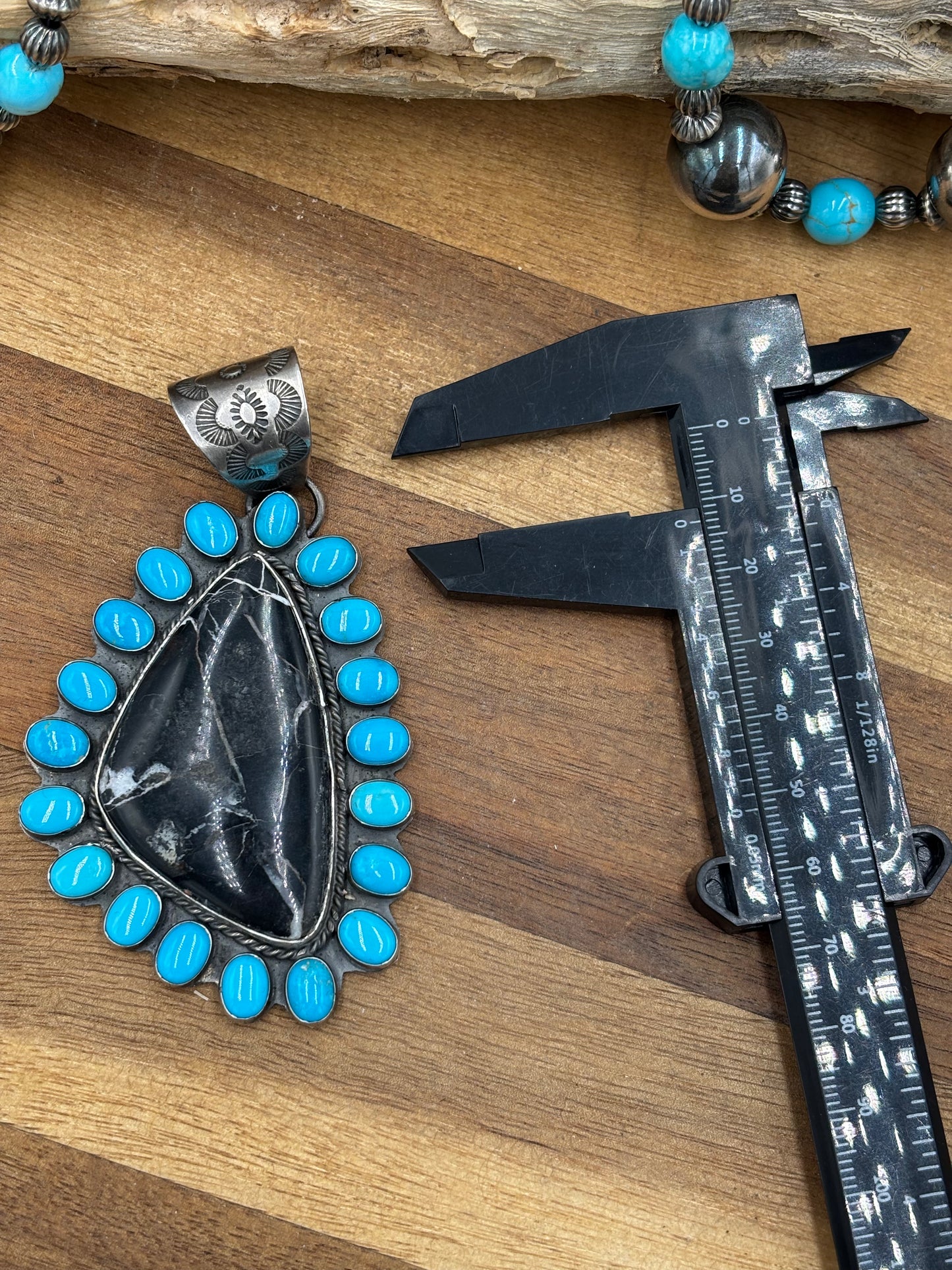 White Buffalo and Turquoise Pendant by Ned Nez, Navajo