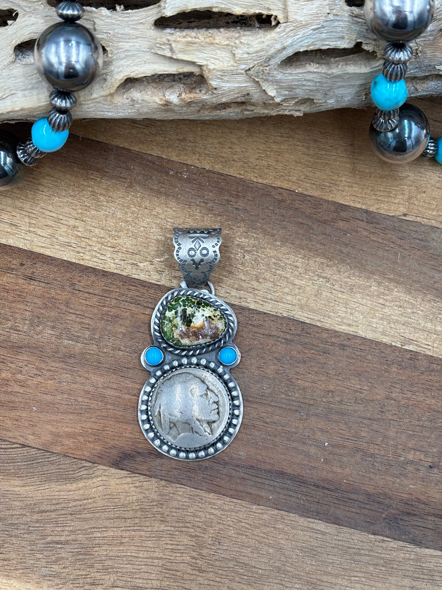Sonoran Gold Turquoise Chief Head Nickel Pendant