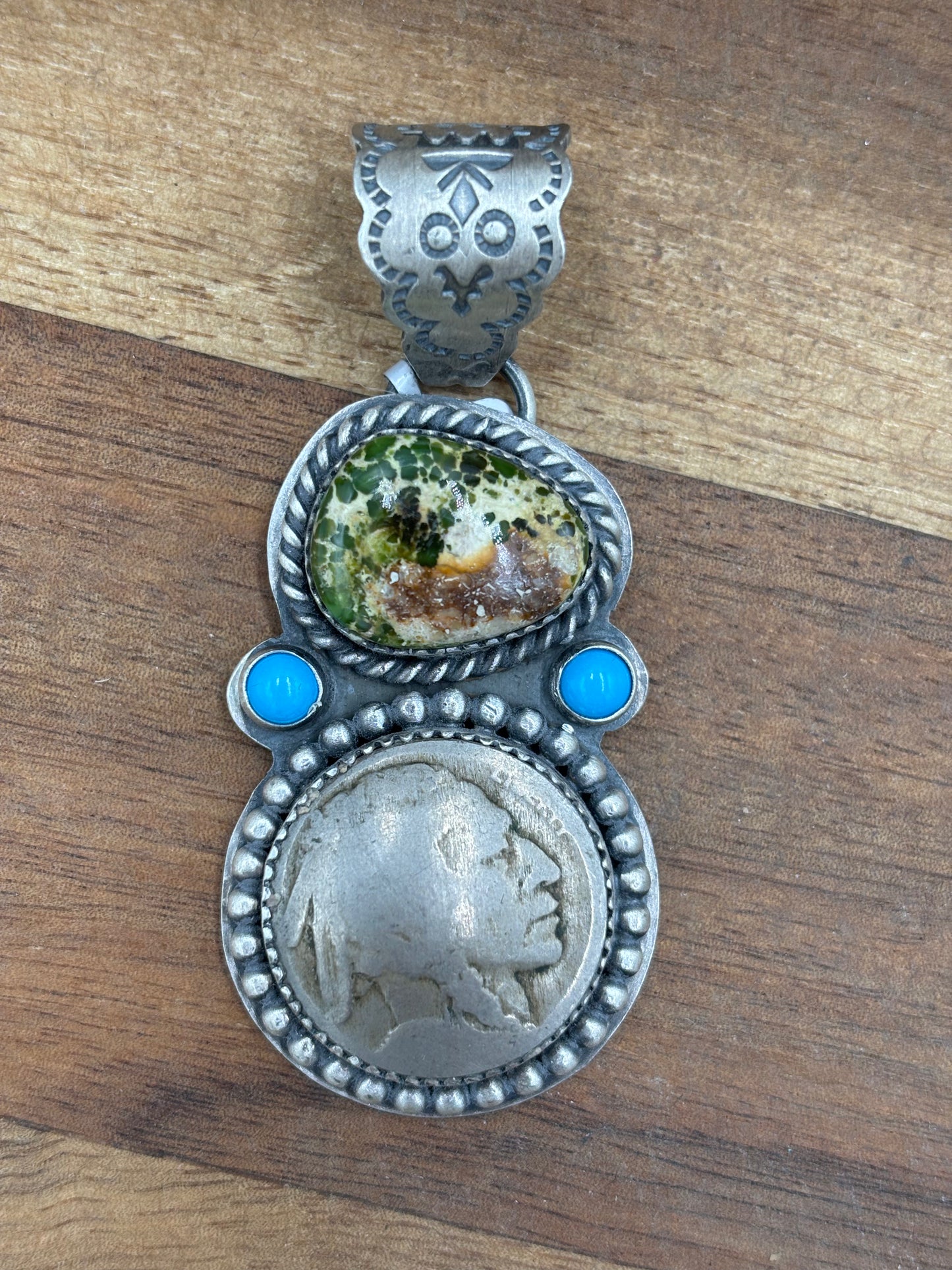 Sonoran Gold Turquoise Chief Head Nickel Pendant