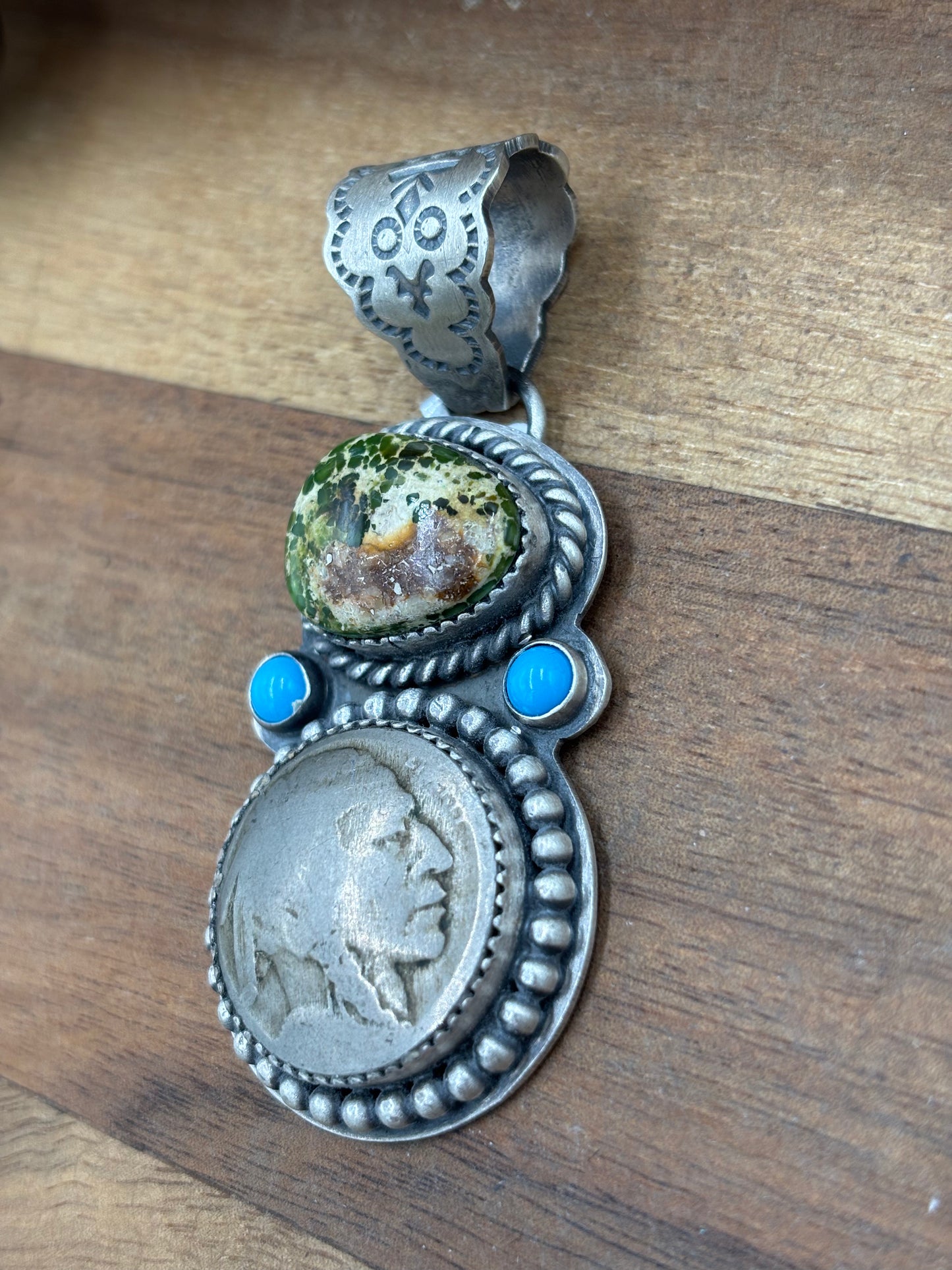 Sonoran Gold Turquoise Chief Head Nickel Pendant