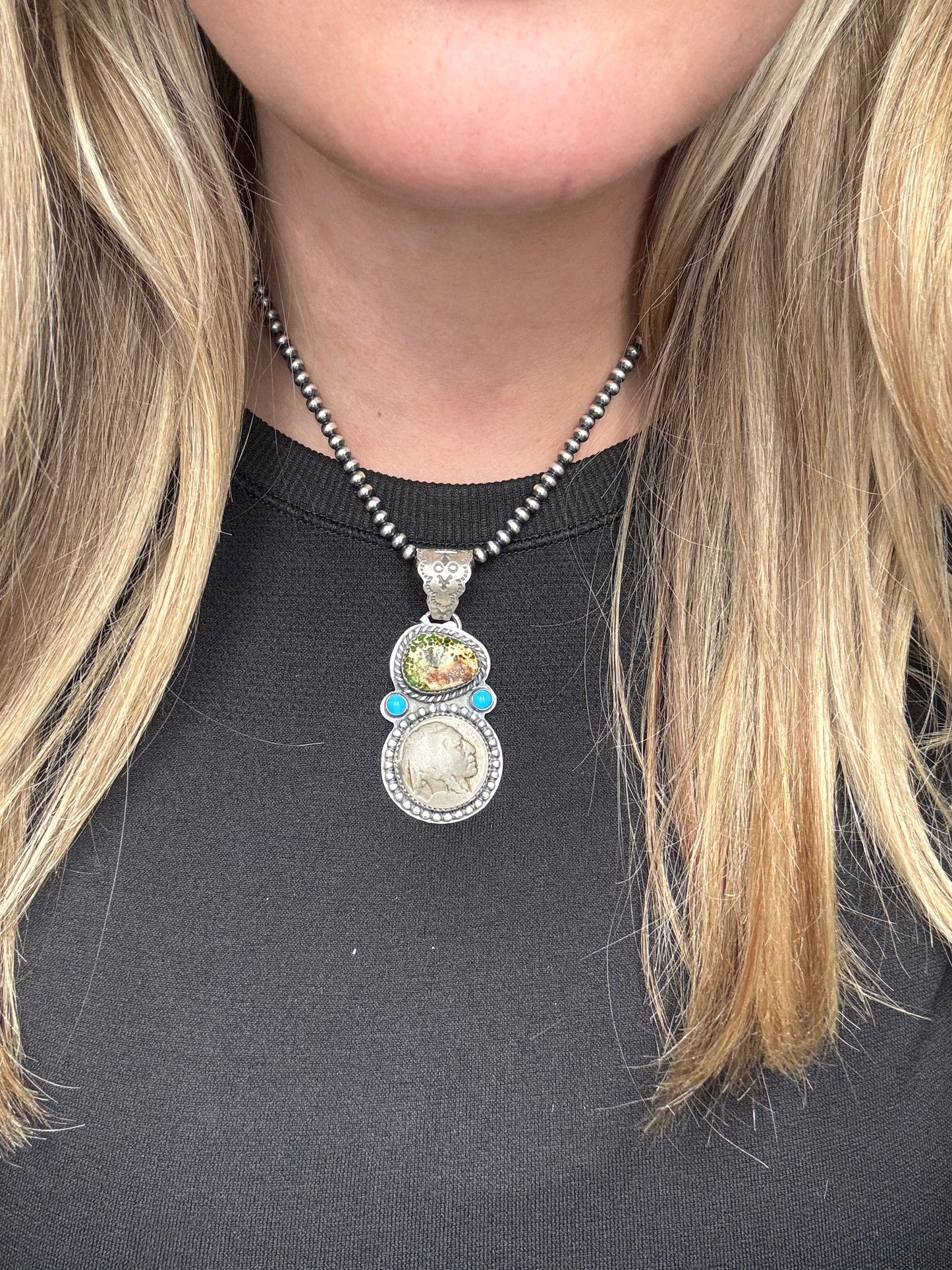 Sonoran Gold Turquoise Chief Head Nickel Pendant