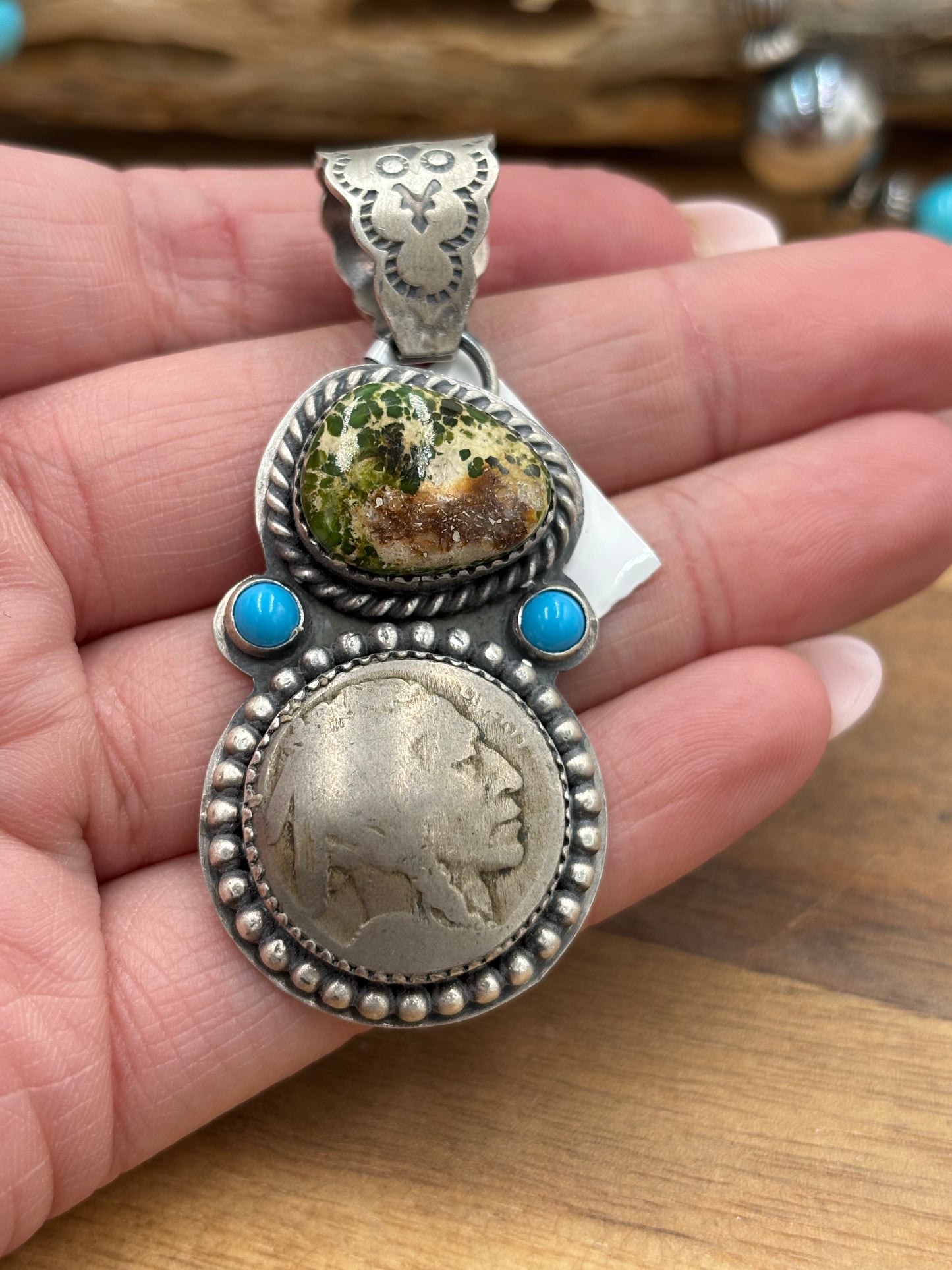 Sonoran Gold Turquoise Chief Head Nickel Pendant