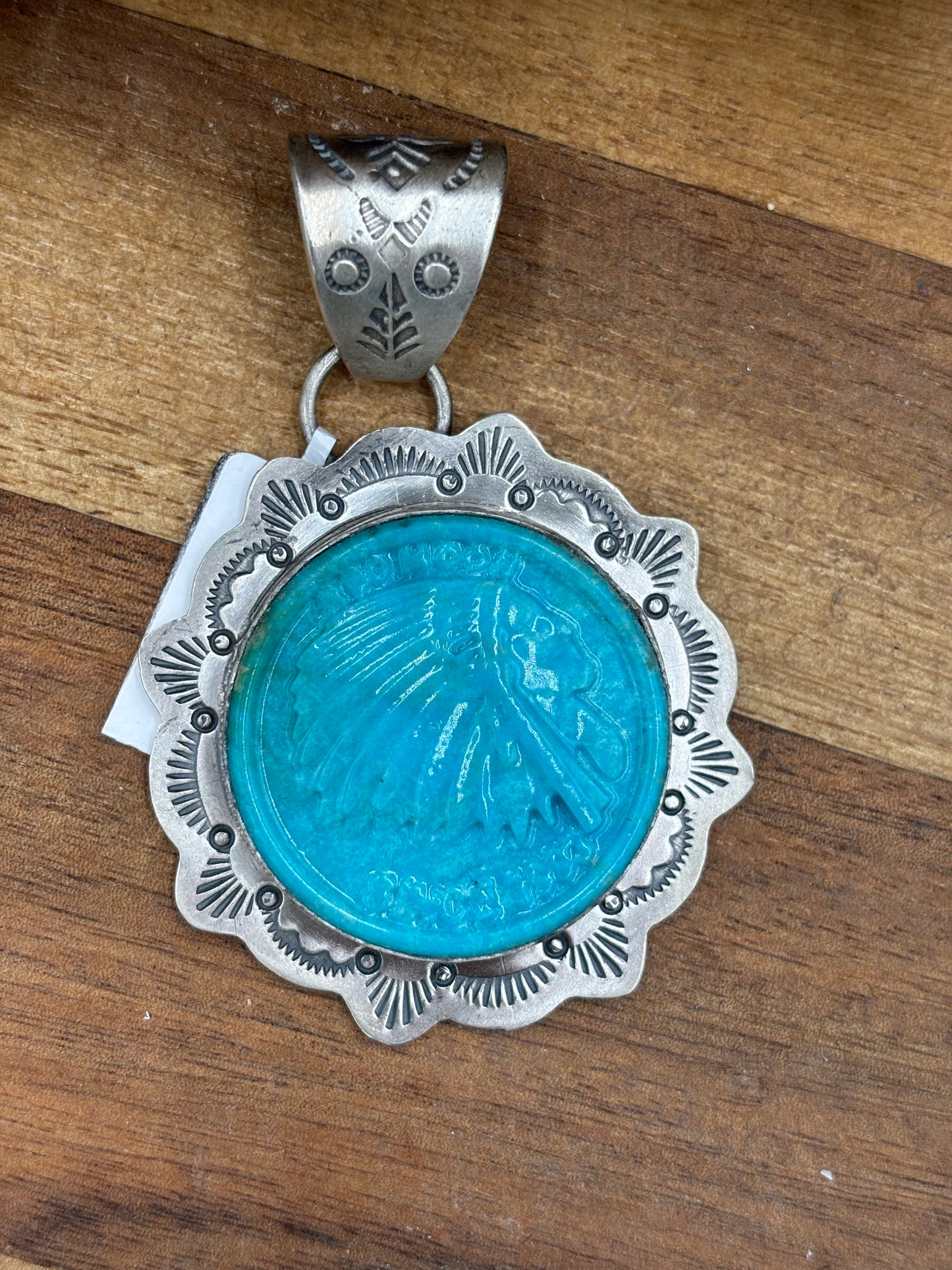 Turquoise Pendant Chief Head by Lyle Piaso, Navajo
