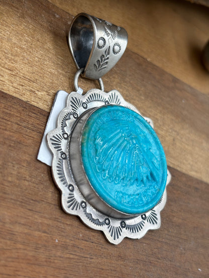 Turquoise Pendant Chief Head by Lyle Piaso, Navajo