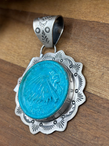 Turquoise Pendant Chief Head by Lyle Piaso, Navajo