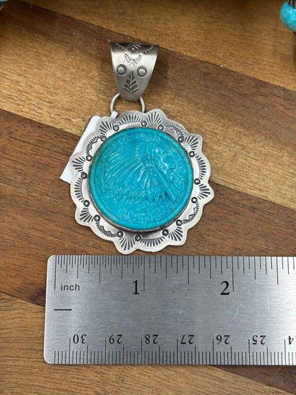Turquoise Pendant Chief Head by Lyle Piaso, Navajo