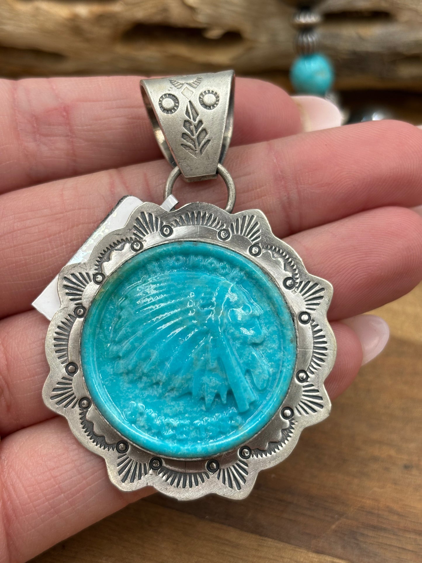 Turquoise Pendant Chief Head by Lyle Piaso, Navajo