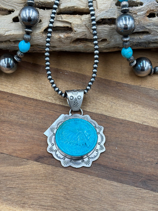 Turquoise Pendant Chief Head by Lyle Piaso, Navajo