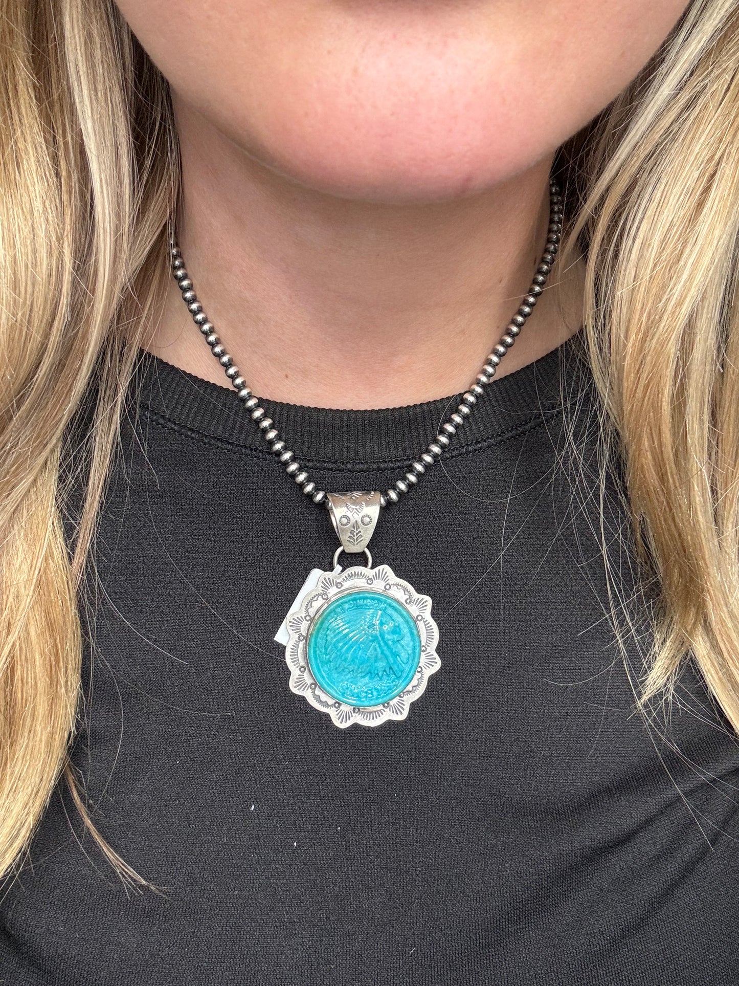 Turquoise Pendant Chief Head by Lyle Piaso, Navajo