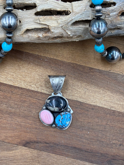 Turquoise, White Buffalo, & Pink Conch Cluster Pendant by Boyd Ashley, Navajo