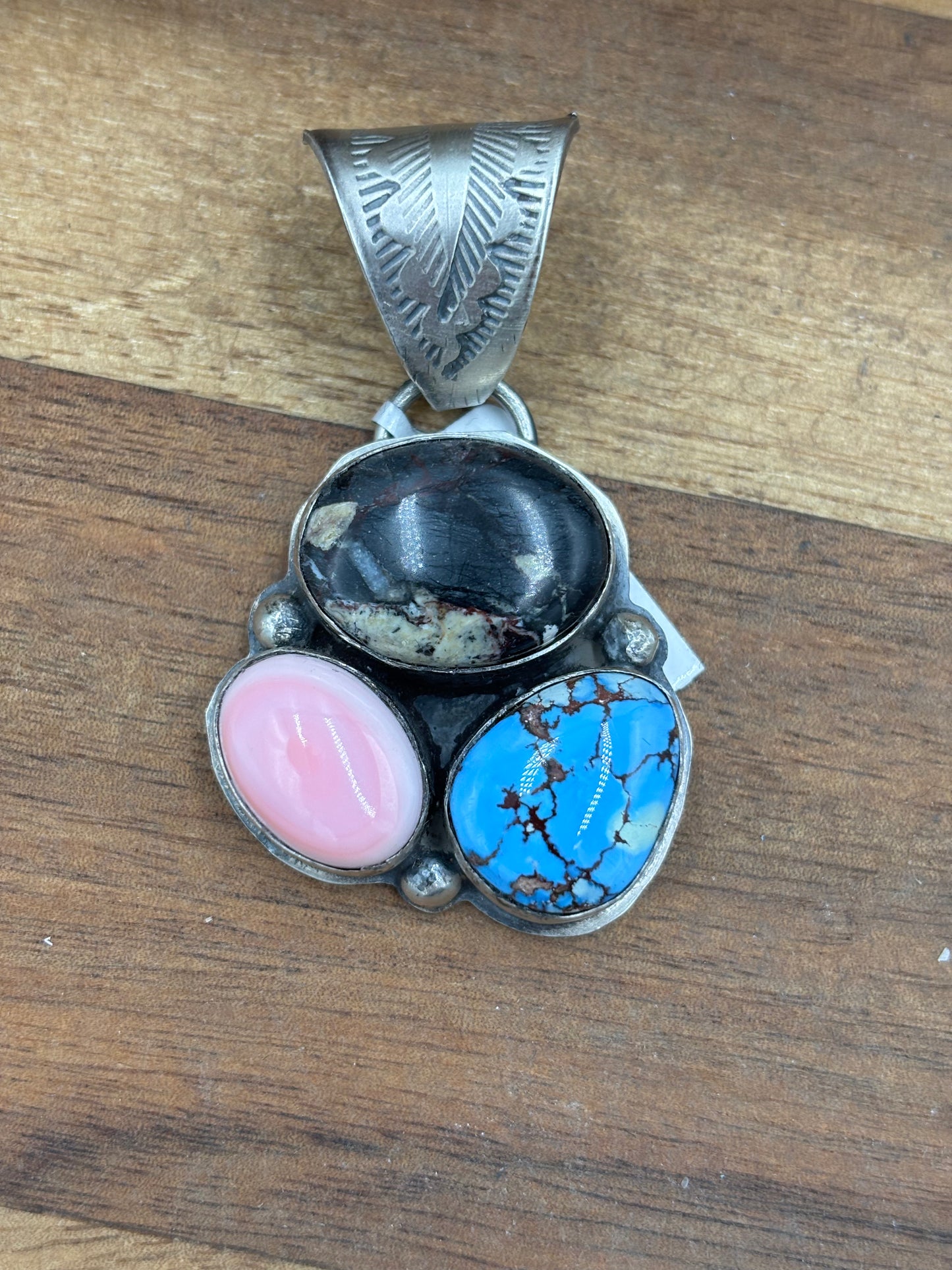 Turquoise, White Buffalo, & Pink Conch Cluster Pendant by Boyd Ashley, Navajo