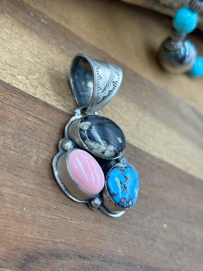 Turquoise, White Buffalo, & Pink Conch Cluster Pendant by Boyd Ashley, Navajo