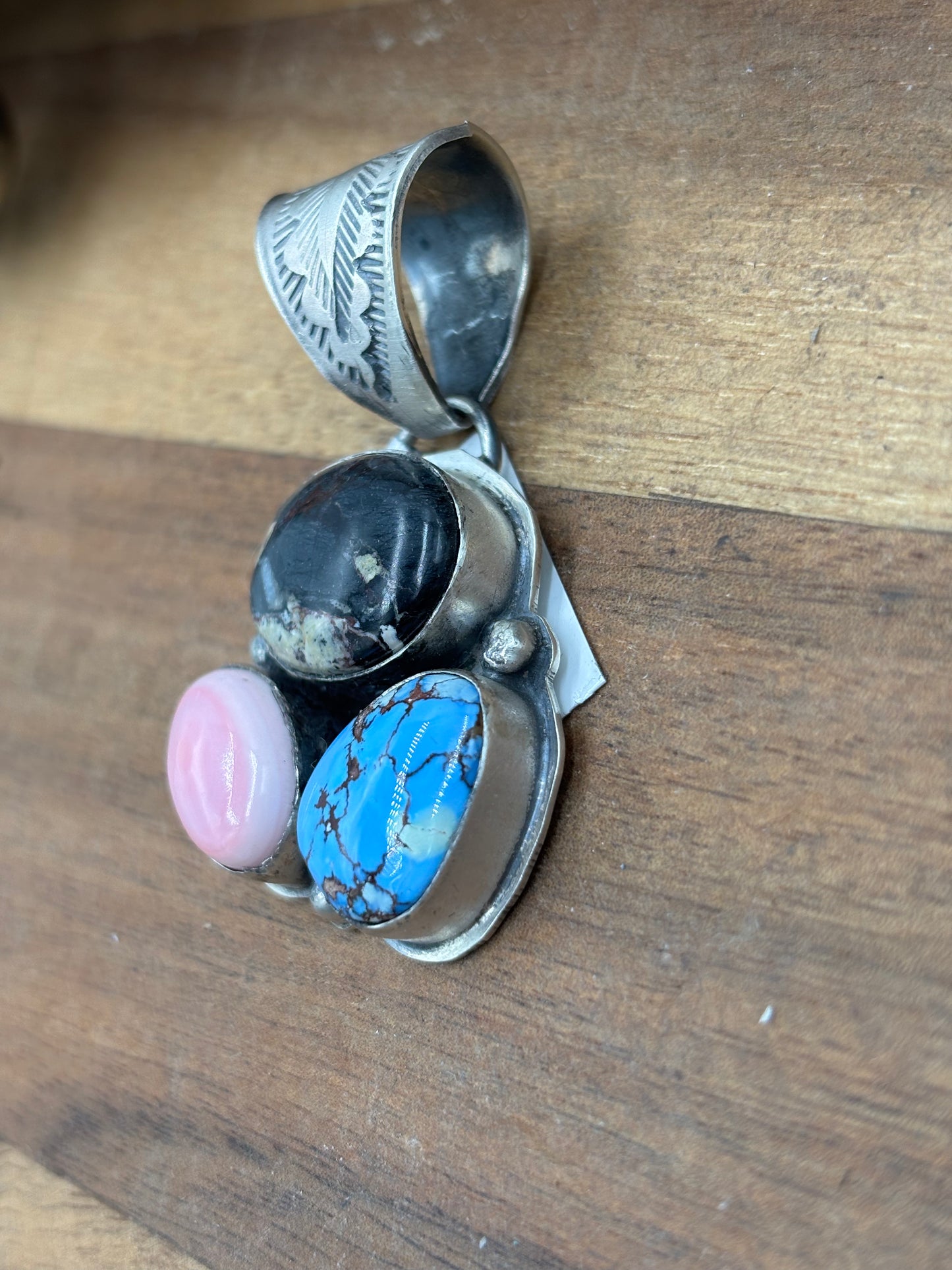 Turquoise, White Buffalo, & Pink Conch Cluster Pendant by Boyd Ashley, Navajo