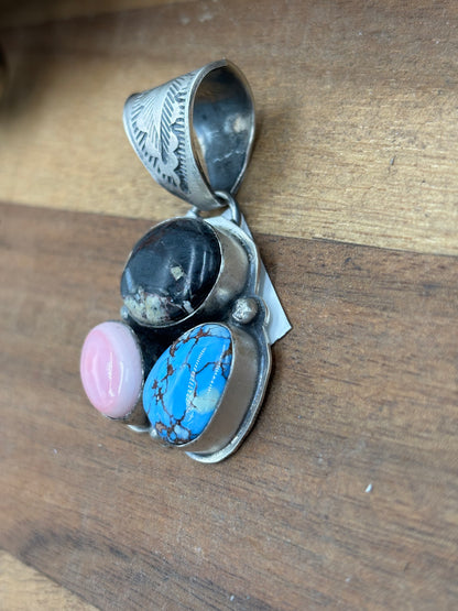 Turquoise, White Buffalo, & Pink Conch Cluster Pendant by Boyd Ashley, Navajo