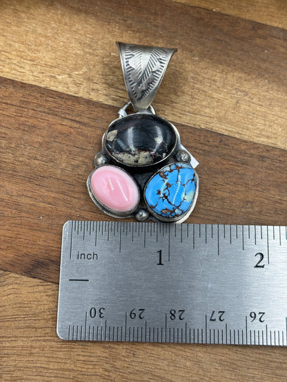 Turquoise, White Buffalo, & Pink Conch Cluster Pendant by Boyd Ashley, Navajo