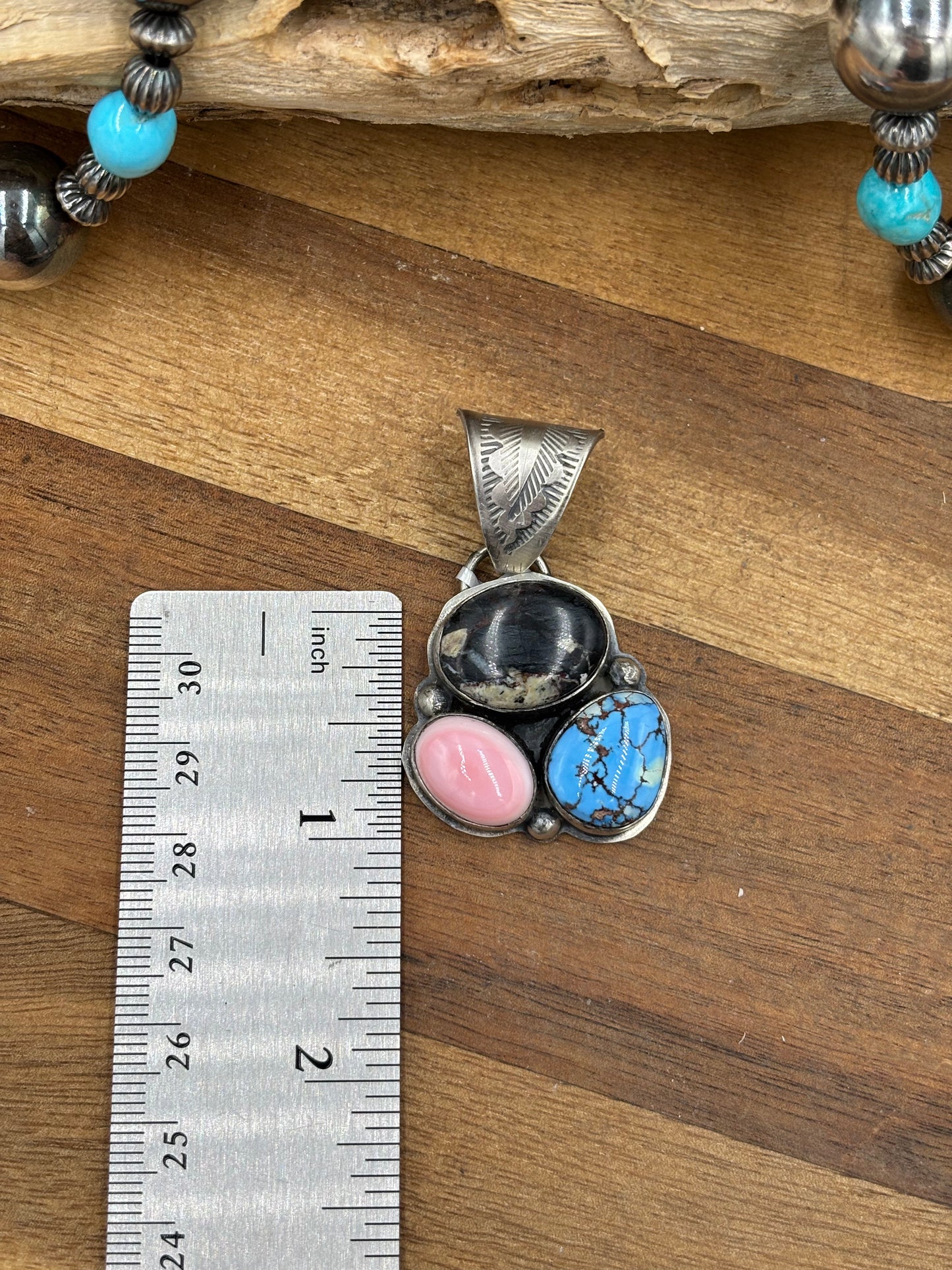 Turquoise, White Buffalo, & Pink Conch Cluster Pendant by Boyd Ashley, Navajo