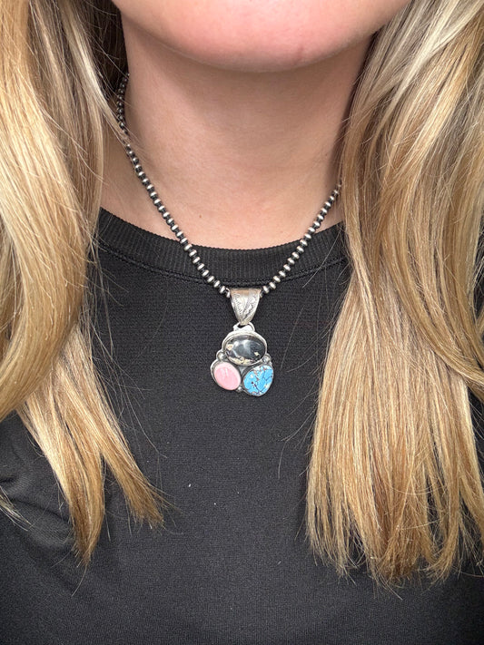 Turquoise, White Buffalo, & Pink Conch Cluster Pendant by Boyd Ashley, Navajo