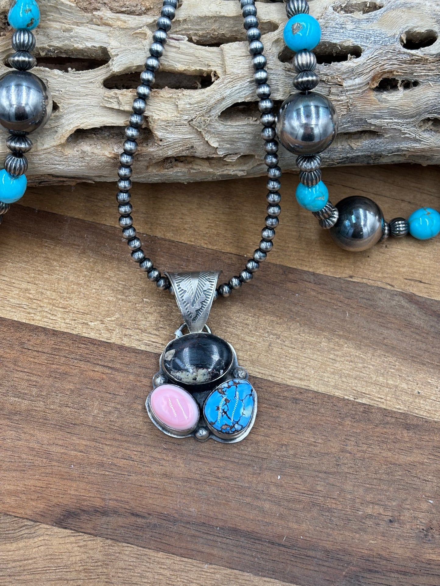 Turquoise, White Buffalo, & Pink Conch Cluster Pendant by Boyd Ashley, Navajo