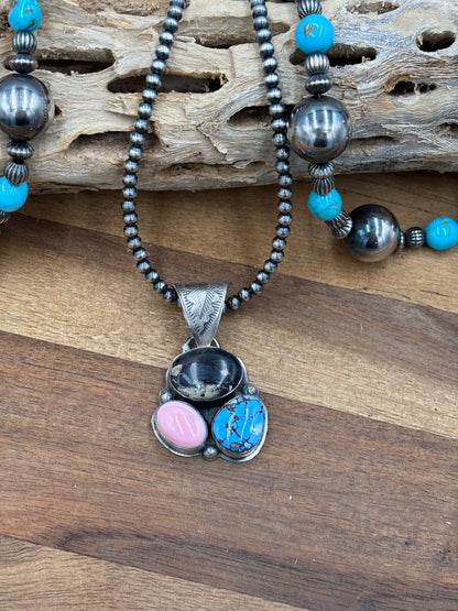 Turquoise, White Buffalo, & Pink Conch Cluster Pendant by Boyd Ashley, Navajo
