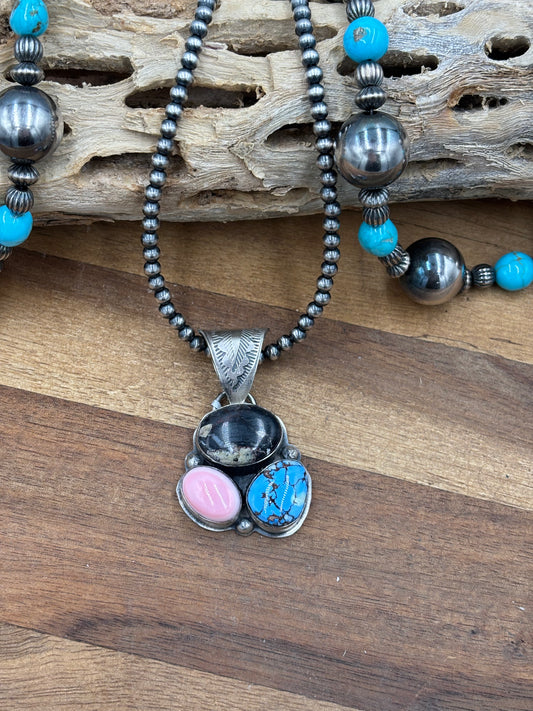 Turquoise, White Buffalo, & Pink Conch Cluster Pendant by Boyd Ashley, Navajo