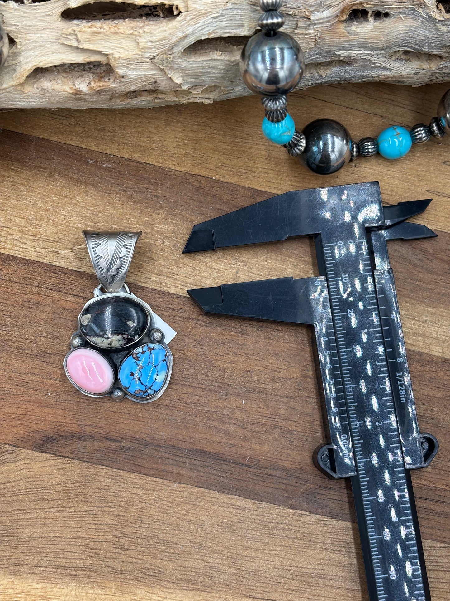Turquoise, White Buffalo, & Pink Conch Cluster Pendant by Boyd Ashley, Navajo