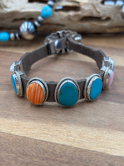 Multi Stone Charm Slide Leather Bracelet #1 by M, Navajo
