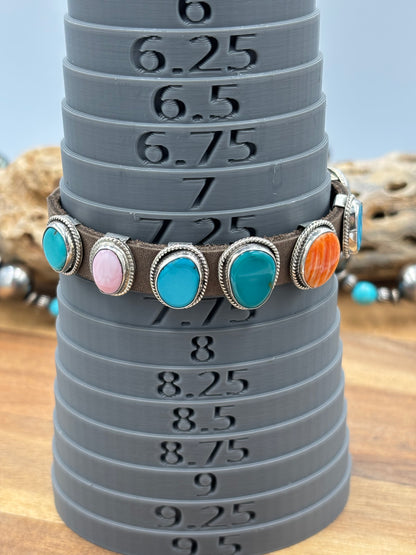 Multi Stone Charm Slide Leather Bracelet #1 by M, Navajo