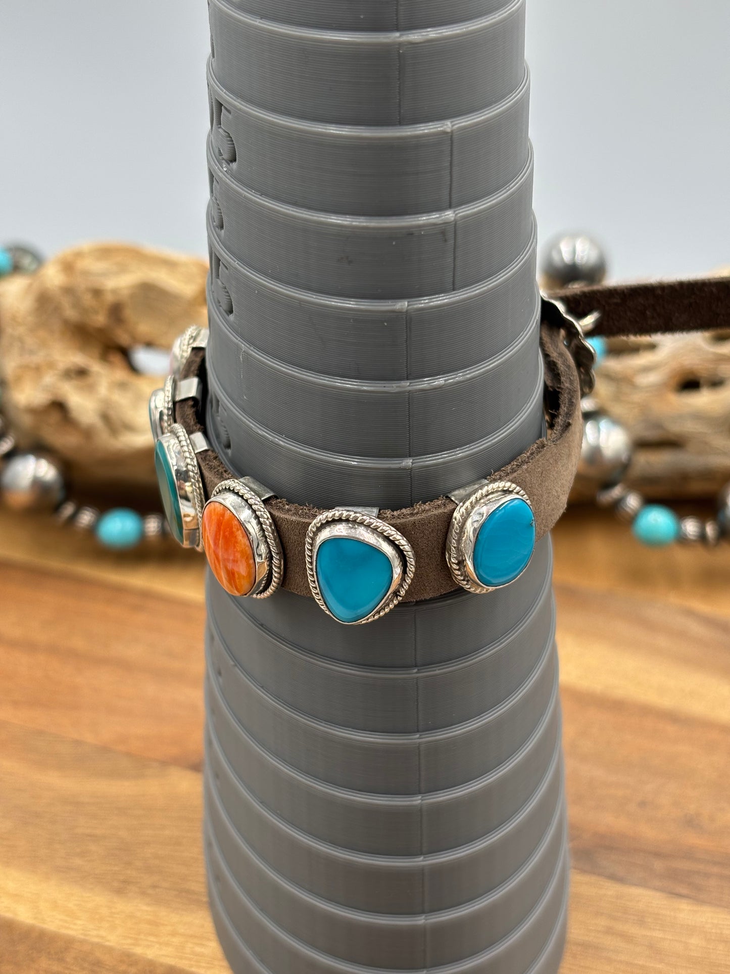 Multi Stone Charm Slide Leather Bracelet #1 by M, Navajo