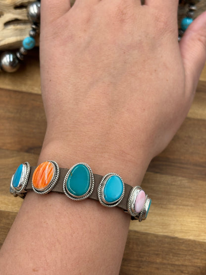 Multi Stone Charm Slide Leather Bracelet #1 by M, Navajo