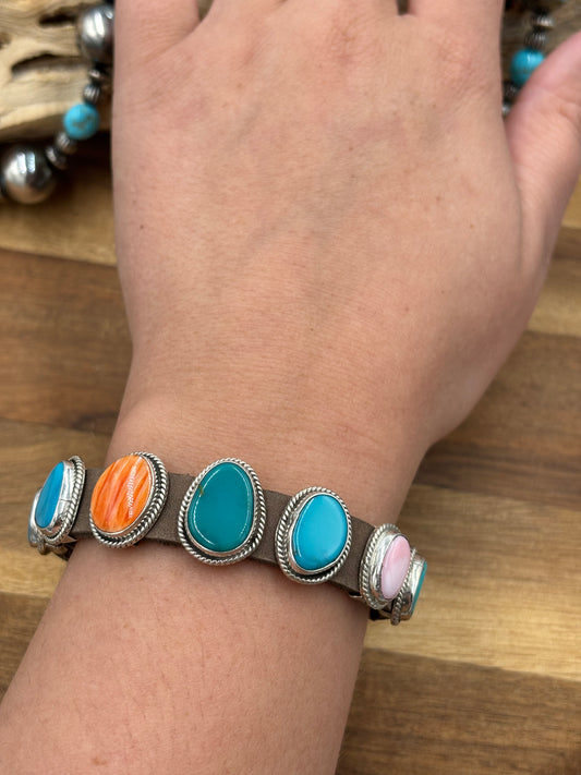 Multi Stone Charm Slide Leather Bracelet #1 by M, Navajo