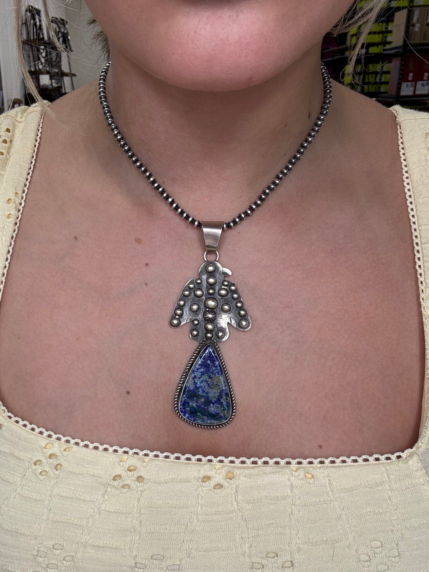Sodalite Thunderbird Pendant by Miranda Willie, Navajo