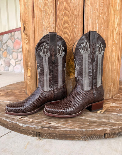 The Owen , Signature Turquoise Reata Men's Boot –   Chocolate Lizard Print Cutter Toe