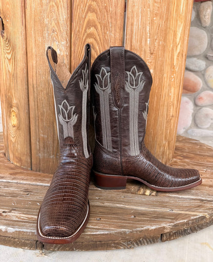 The Owen , Signature Turquoise Reata Men's Boot –   Chocolate Lizard Print Cutter Toe