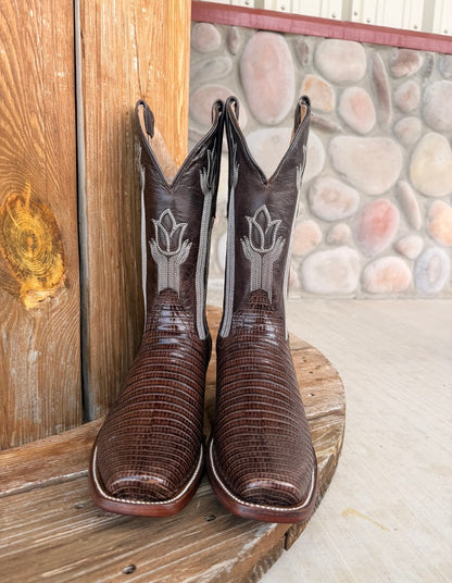 The Owen , Signature Turquoise Reata Men's Boot –   Chocolate Lizard Print Cutter Toe
