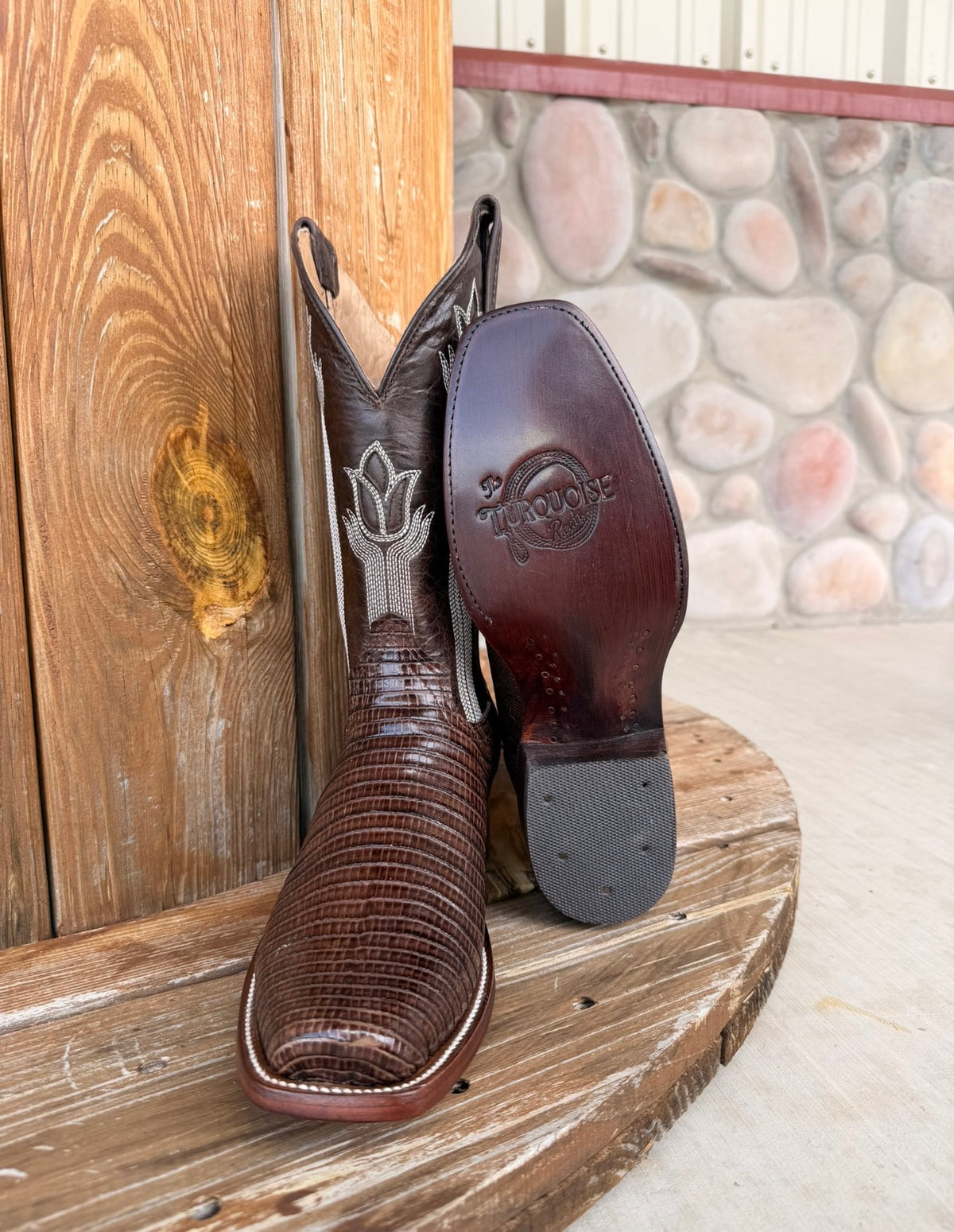 The Owen , Signature Turquoise Reata Men's Boot –   Chocolate Lizard Print Cutter Toe