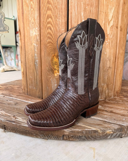 The Owen , Signature Turquoise Reata Men's Boot –   Chocolate Lizard Print Cutter Toe