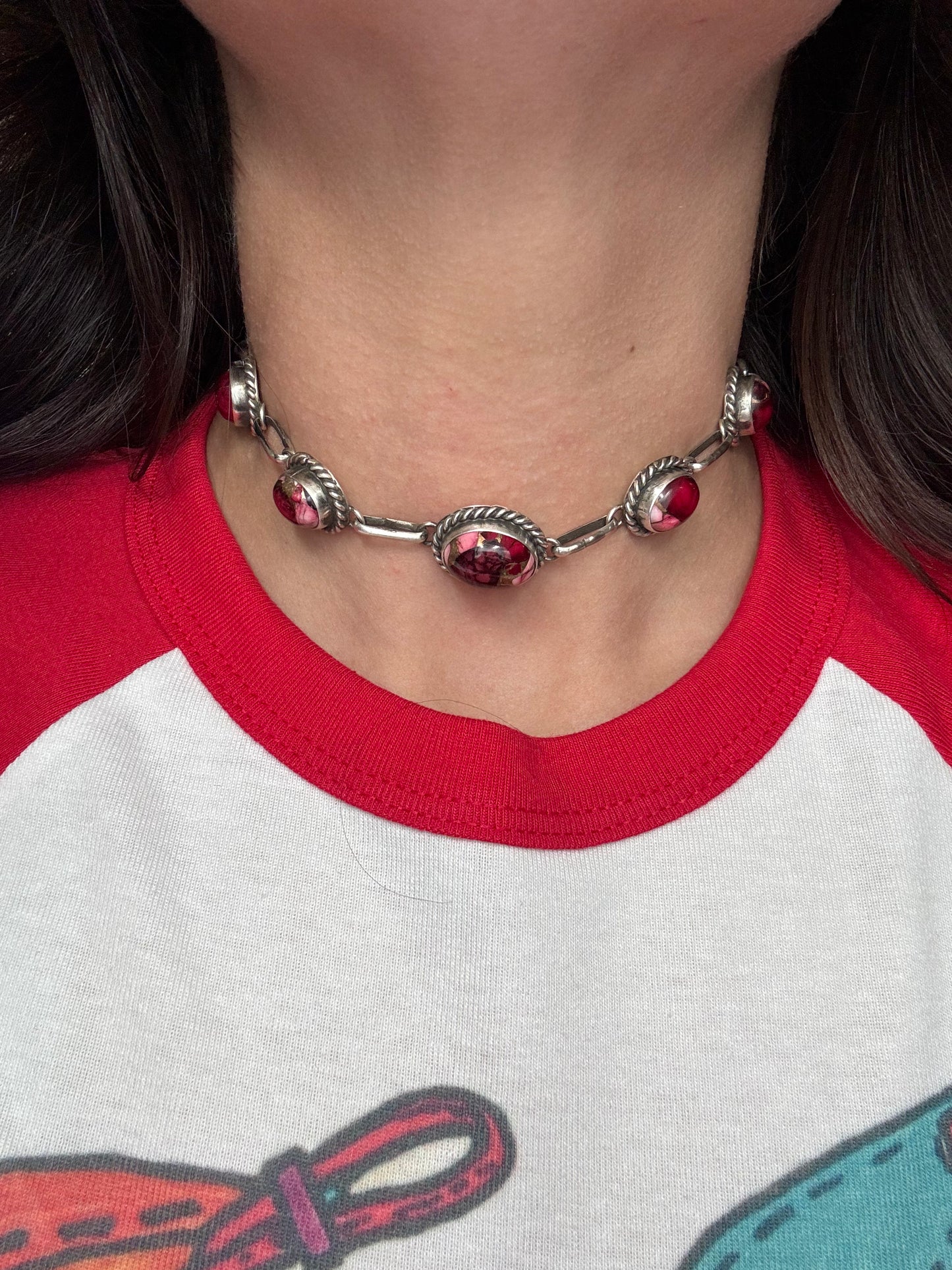 Rose Dahlia Choker Necklace #2 by Augustine Largo, Navajo