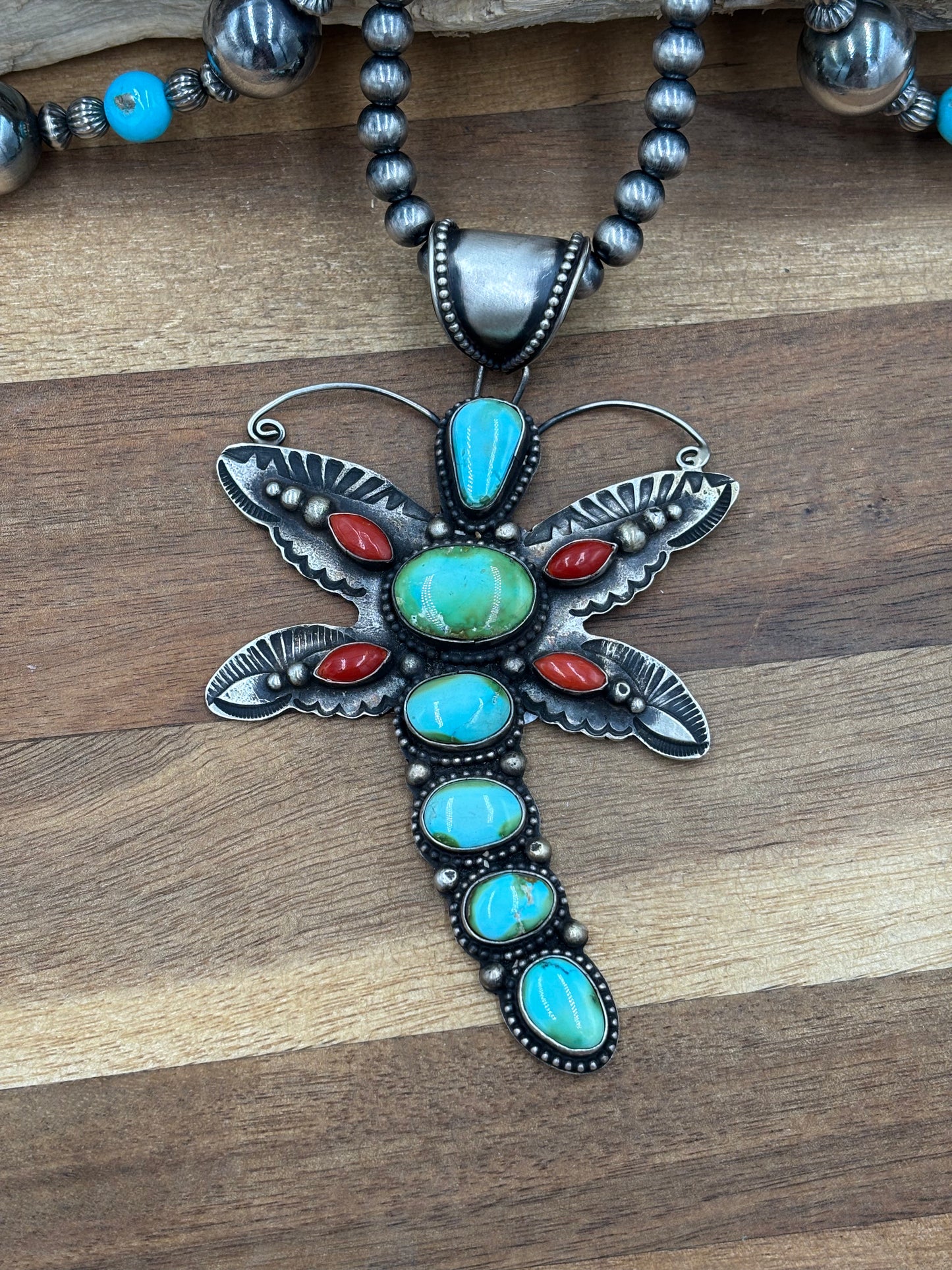 Sonoran Gold & Coral Dragonfly Necklace by Shawn Cayatinno, Navajo