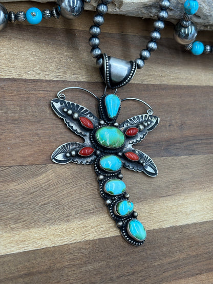 Sonoran Gold & Coral Dragonfly Necklace by Shawn Cayatinno, Navajo